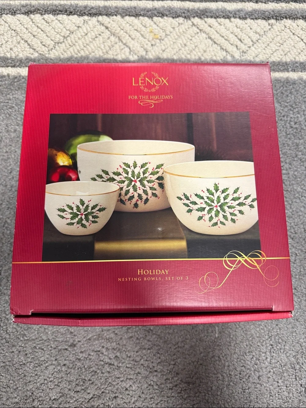 Lenox Holiday Nesting Bowls Set in White with Green and Red Holly Motif